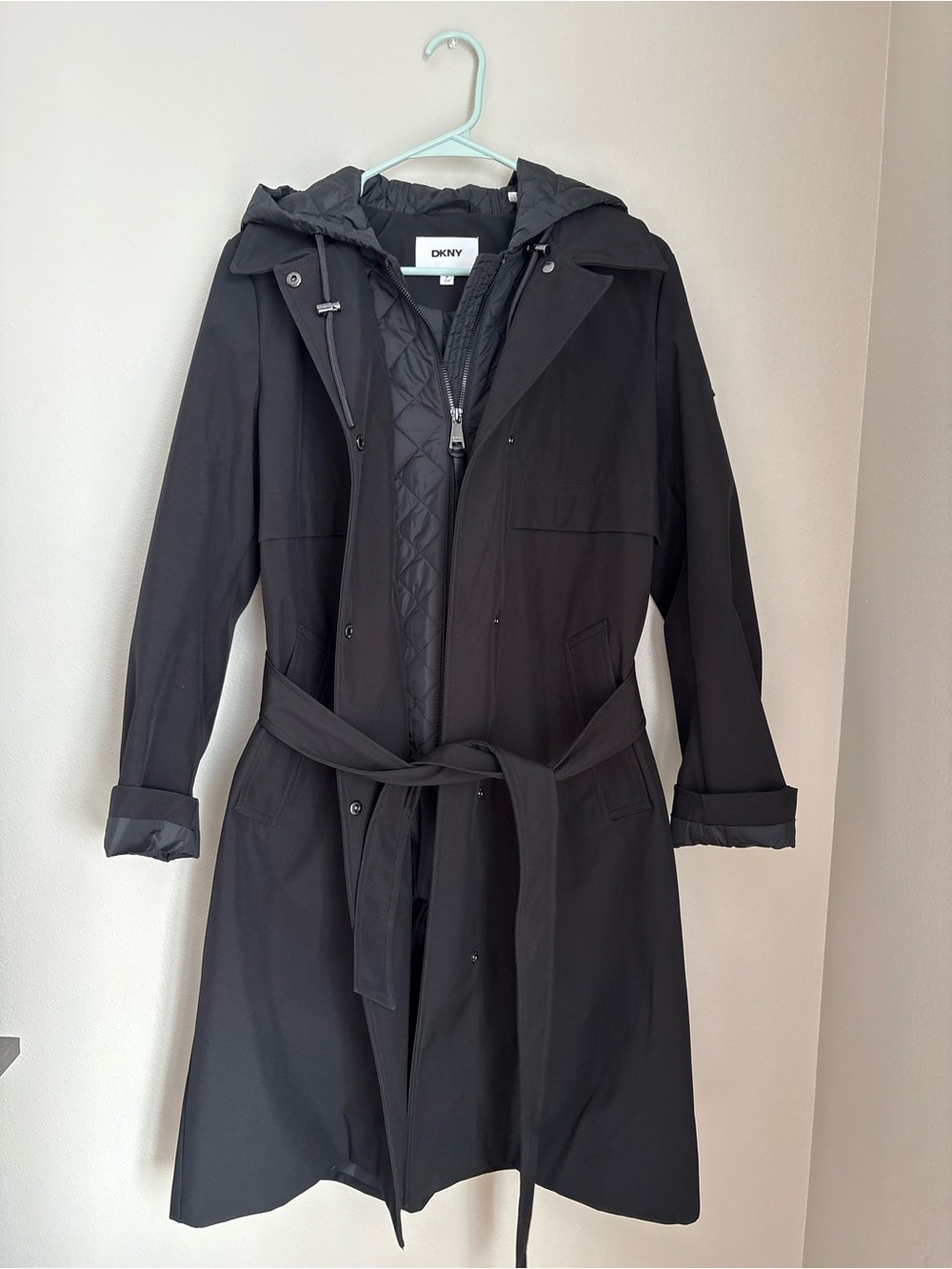 DKNY Black Trench Coat with Quilted Hooded Liner